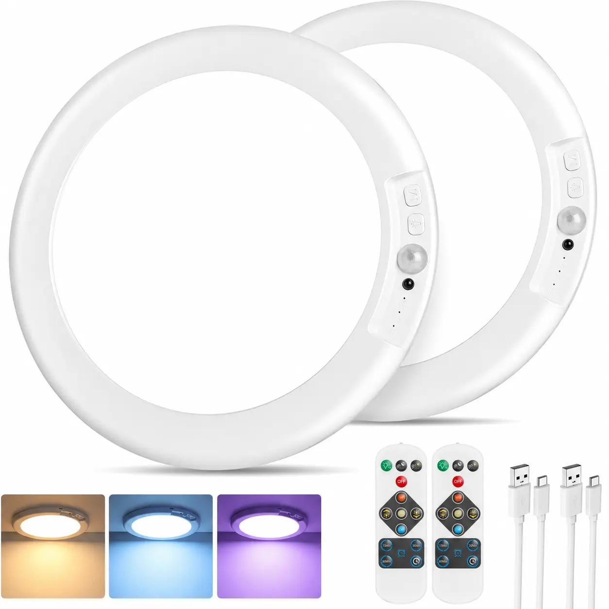 2-Pack Rechargeable RGB&White Ceiling Lights with Remote, Motion Sensor Magnetic LED Room Lights for Bedroom, Shower, Gaming Setup, Dorm and Closet
