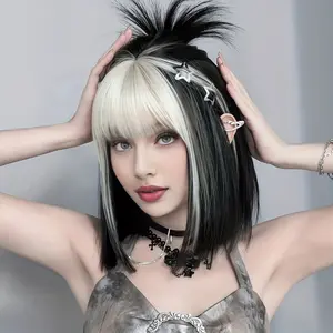 Role Play Bob Wig Short Straight Gradient Black Hair with Bangs High Density Highlighted Silver White Wig Women's Daily Party Heat Resistant Synthetic Wig Halloween Costume Wig 16inch