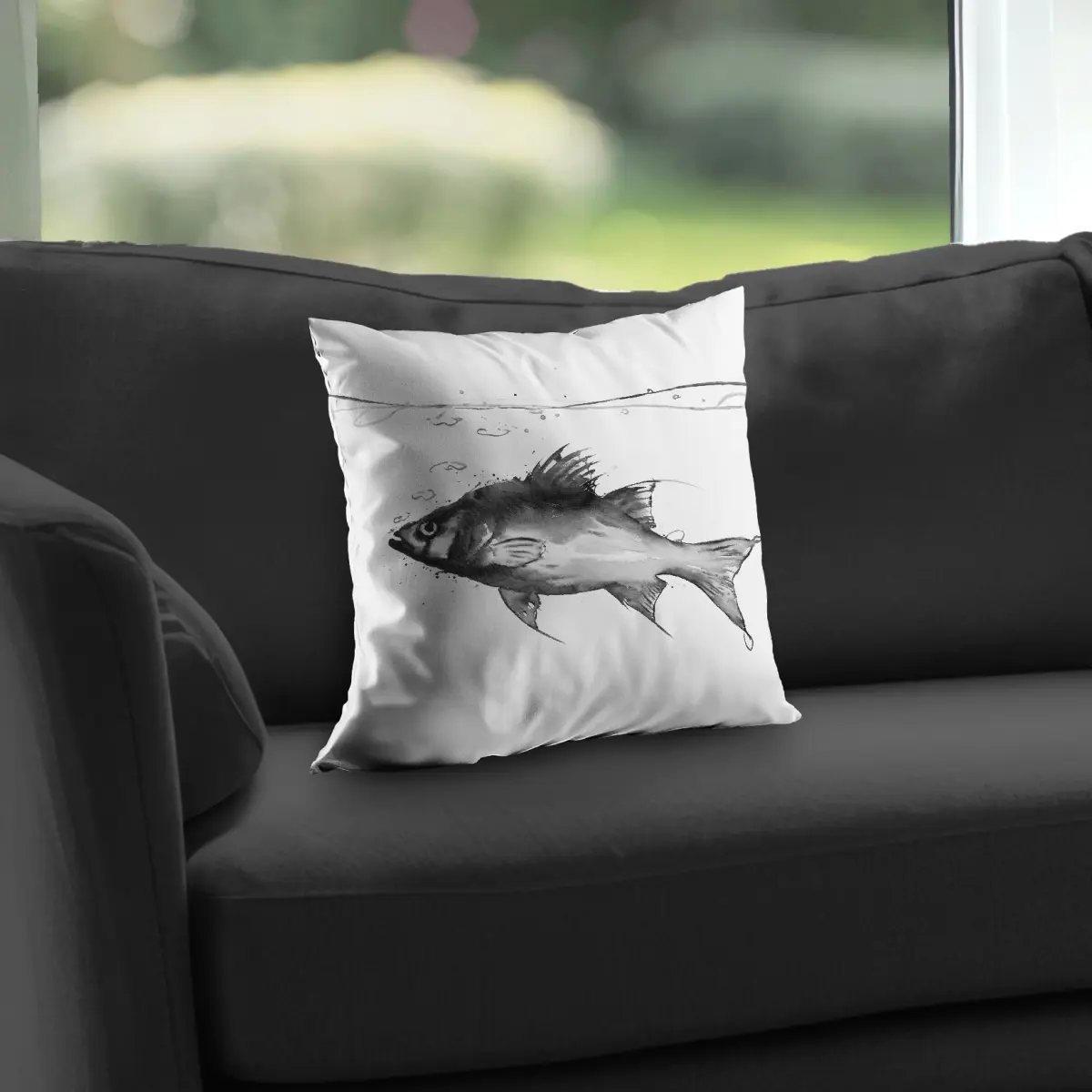 Begin Home Decor C1PT1414ER7M9Y 14x14 in Animal Graphic Standard Pillow - Poly Twill Swimming Fish Throw Pillow for Man Cave, Living Room Inspiration