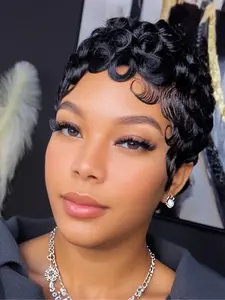 10 Inch Loose Curly Human Hair Wig Pixie Cut Wigs Full Machine Made Wigs for Women Natural Wave Wig Natural Wavy Wig