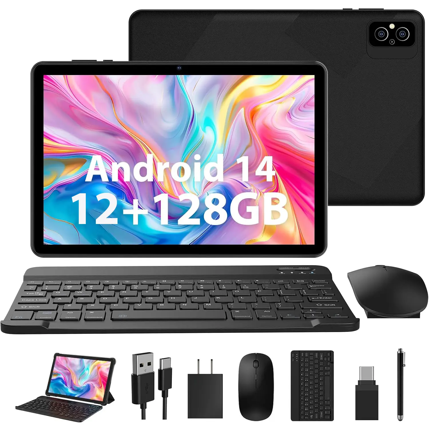 POWMUS 10.1-Inch Android 14 Tablet Bundle, Keyboard, Mouse, Stylus & Protective Case Included, 6GB RAM + 6GB Expansion (12GB Total), 128GB Storage, 1TB Expandable, IPS HD Display, 8000mAh Battery, Dual-Band WiFi Tablet for Work and Study
