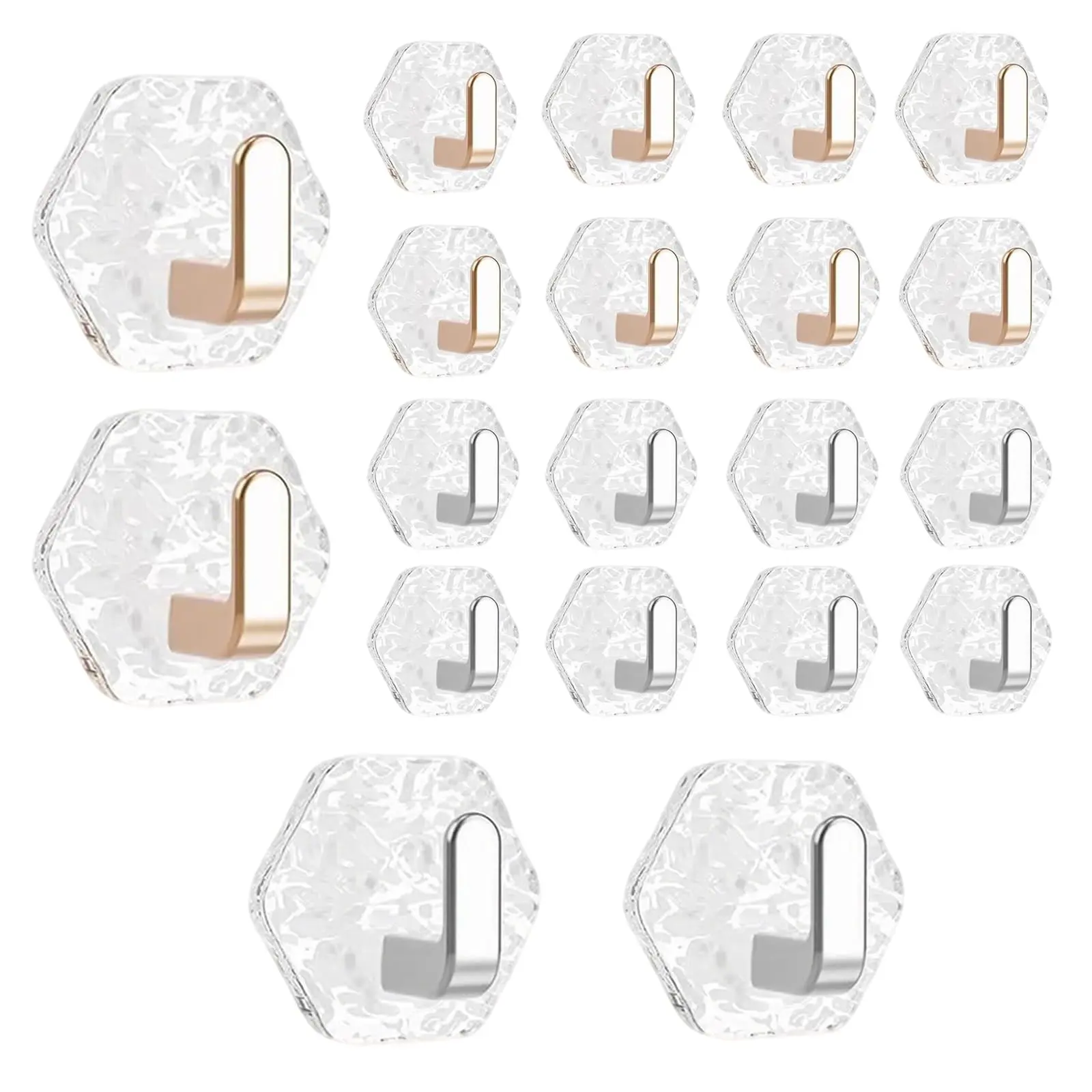 20PCS Water Ripple Hexagonal Self Adhesive Hooks, Gold and Silver Self Adhesive Hooks, No Drilling, Transparent Hooks, Waterproof Wall Hooks, Suitable for Bathrooms, Kitchens, Keys, Doors