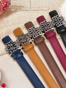 Luxury Women Leather Belt Silver Geometric Buckle Waist Belt for Ladies Office Jeans Chic Style Alphabet Print Waistband