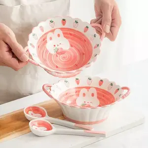 Hand-Painted Rabbit & Strawberry Ceramic Bowls, Bowl Set, Cute Design, Suitable for Noodles, Pasta, Salad, Salad Serving Bowls, Restaurant, Living Room, Cafe, Tableware