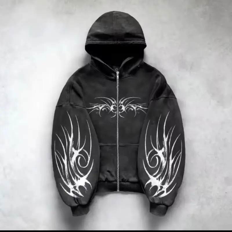Tribal Gothic Zip-Up Hoodie - Vintage Washed Black Streetwear Jacket