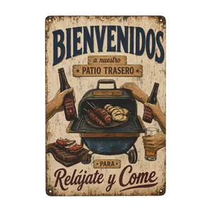 Vintage Metal Wall Sign - BBQ Welcome Sign With Spanish Phrases, Durable Pre-Drilled, Suitable For Indoor/Outdoor Home, Office, Garden And Holiday Decorations (Halloween, St. Patrick's Day, Easter), Indoor Decor,Unique Fathers Day Gift for Men