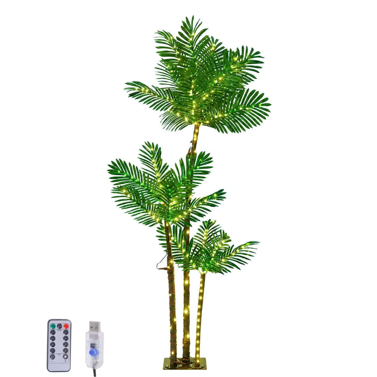 5' or 6' Plastic LED Artificial Illuminated Palm Tree with 3 Trunks - Plug-in LED Lights, Decorative Lights - Tropical Decor for Outdoor Courtyards, Festive Party Supplies, Party Decor, 5/6-Foot
