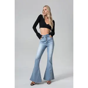 Women's Retro Light Wash High Waisted Flare Jeans, Distressed Bootcut Denim Trousers with Button Fly, Y2K Casual Streetwear for Daily Wear