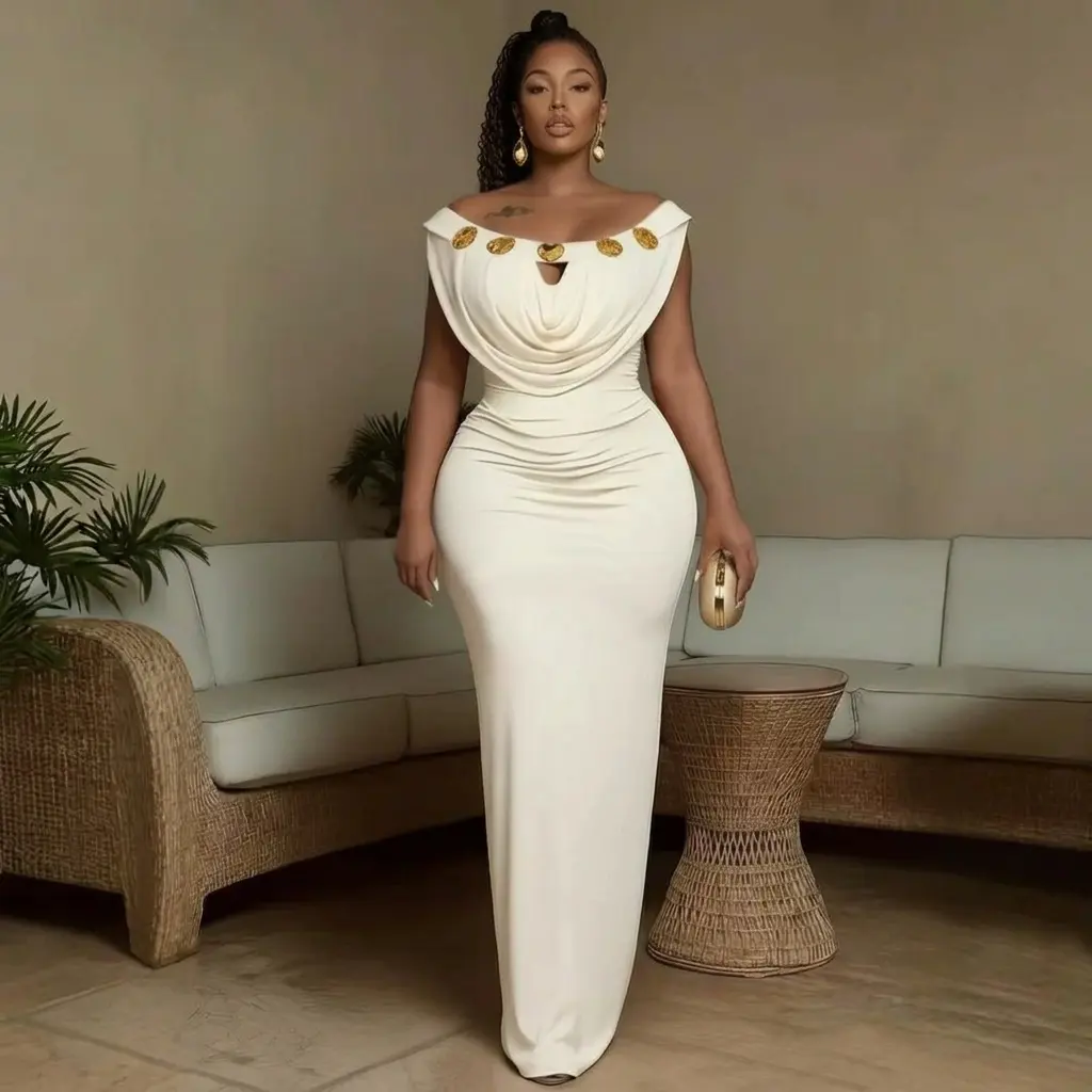 ChicCurve Women's Elegant Off-Shoulder Maxi Dress, Luxury Gold-Tone Embellished Drape Neck Gown, Slim-Fitting Ruched Waist Formal Evening Dress for Prom, Cocktail & Red Carpet Events