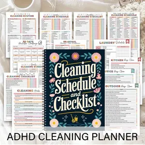 Aesthetic Adhd Cleaning Plan Spiral Notebook, Colorful Floral Design, Daily Weekly Monthly Yearly Chores List, Home Housewife Office Use, Spiral Bound Planner