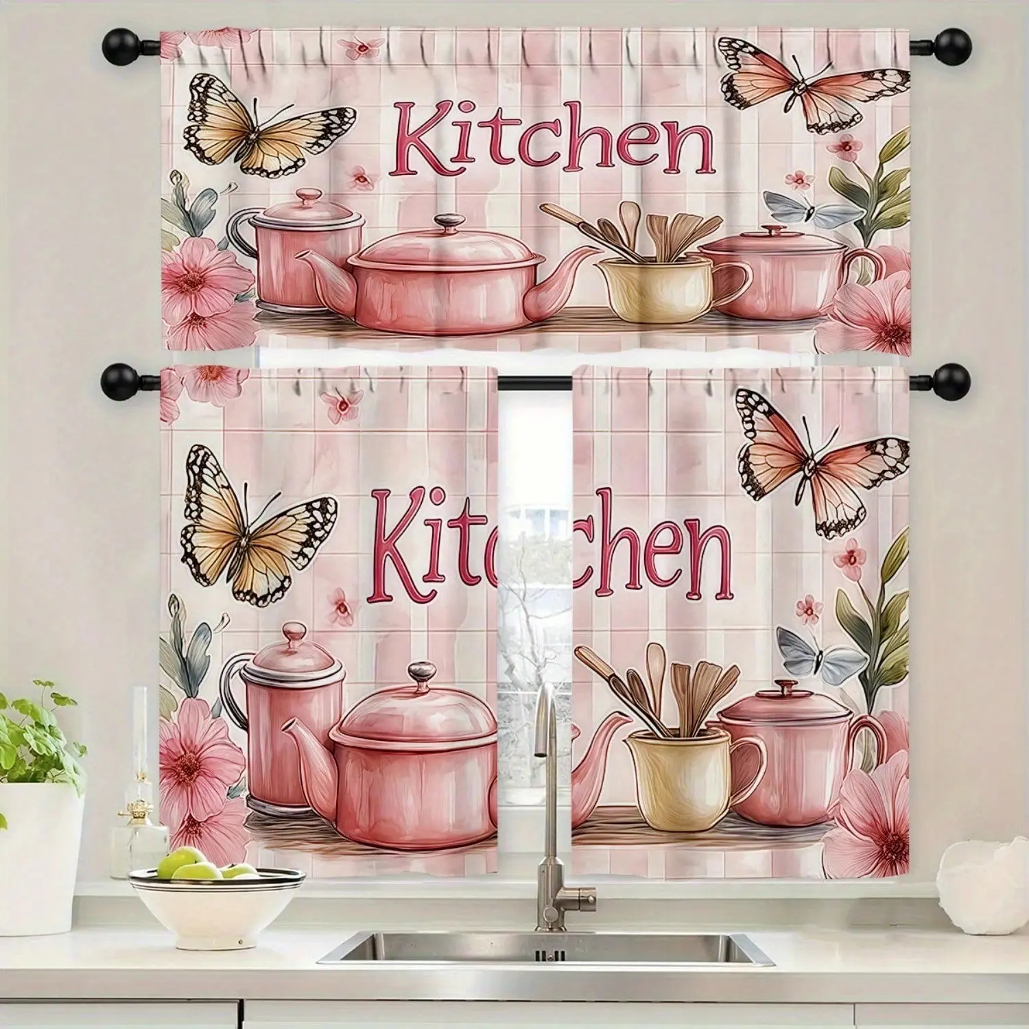 3-piece pink butterfly printed kitchen curtain valances set, Valances for windows, with pole bag design for easy installation, easy to clean and won't deform, made of polyester
