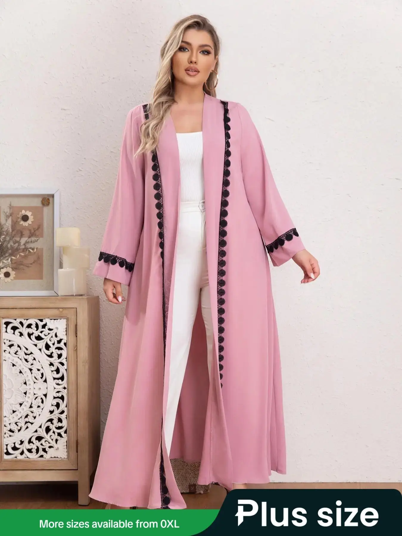 Plus Chic Plain Contrast Lace Flounce Sleeve Longsleeves Open Front Coat, Mean Girls Outfit for Party Vacation, Fashion Casual Ladies Clothes, Autumn