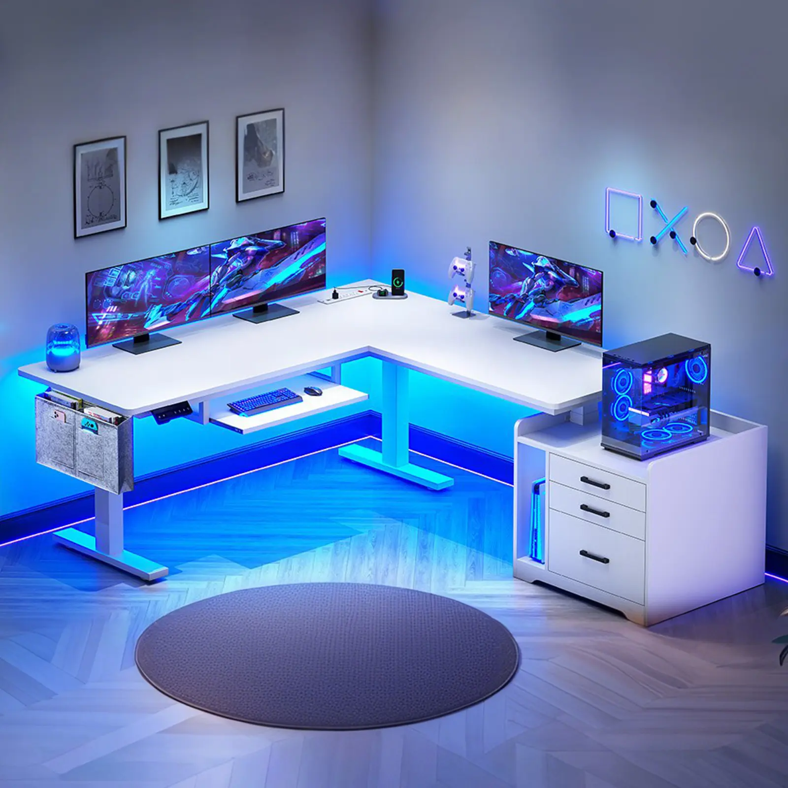 Sedeta 63-in Ergonomic Electric Sit-Stand L-Shaped Metal Hydraulic Standing Desk - Commercial Office Furniture with Monitor Shelf, Sturdy Base, LED Lights, 3 Dual Drawers, Power Outlet, Gaming Desk for Gamers, Gaming Desks