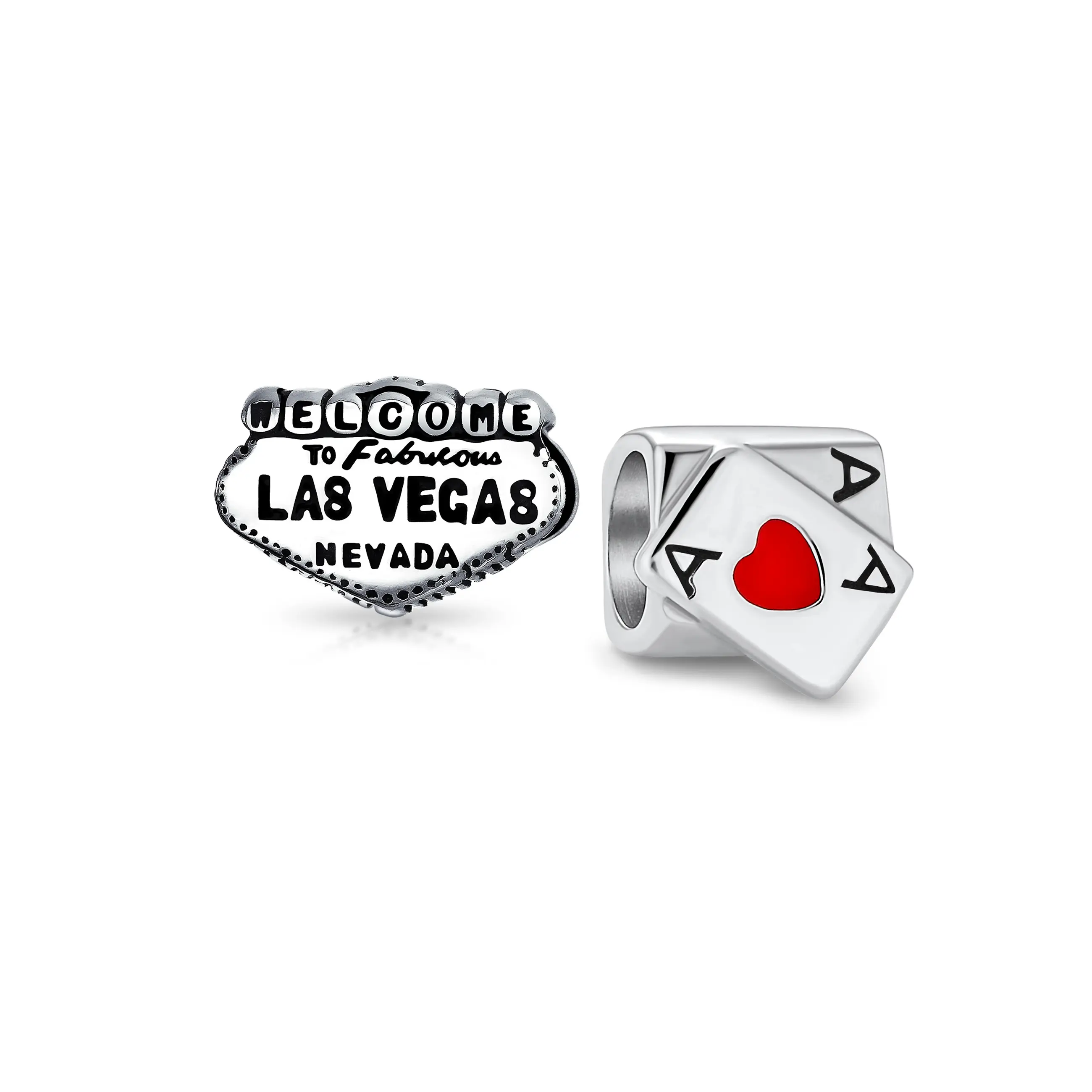 Sterling Silver Welcome To Las Vegas Landmark & Casino Ace Of Hearts Charm Bead for Bracelet (Set)