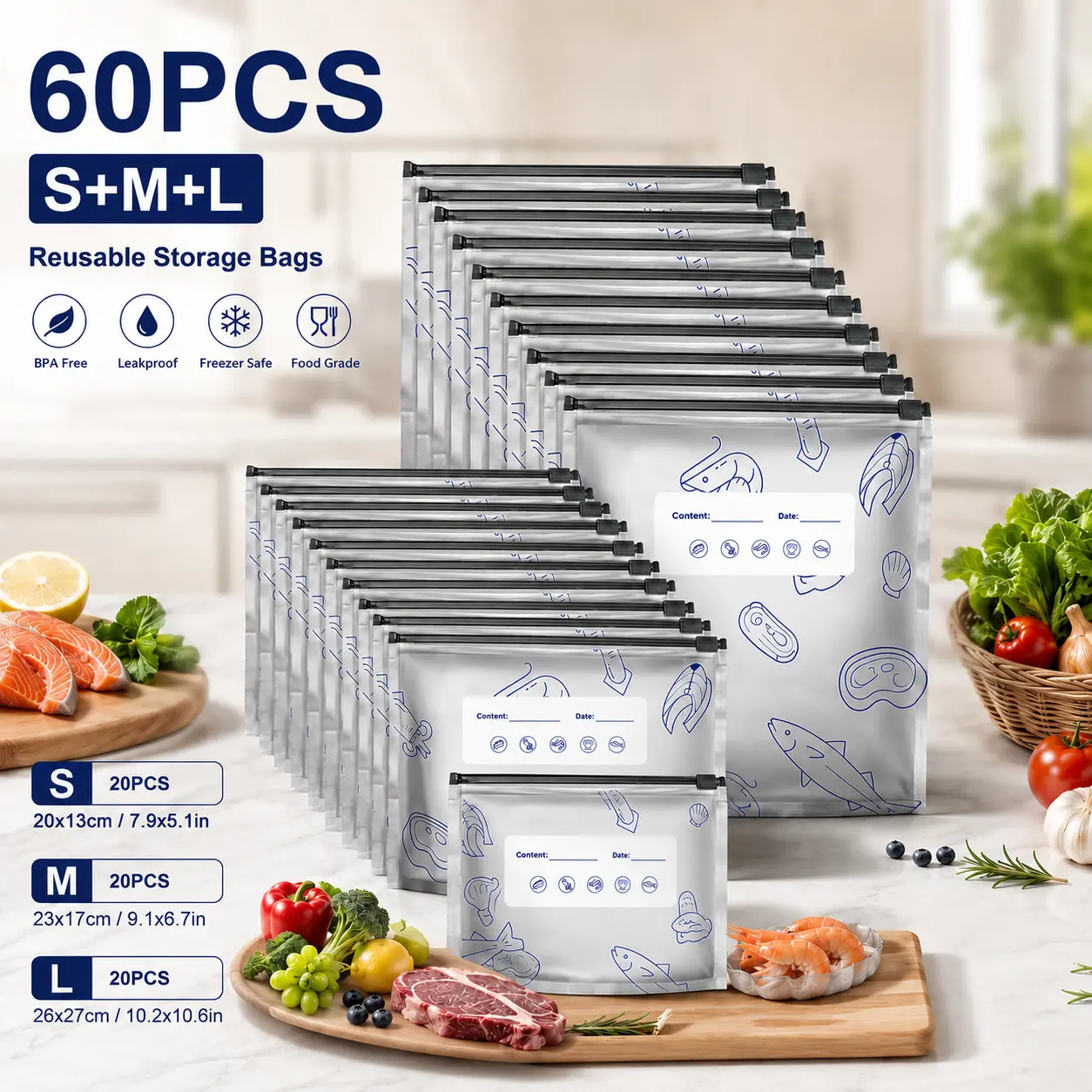 60PCS 3 Size Reusable Aluminum Foil Sealable Storage Bags 2026 New Resealable Vacuum Zipper Pouches for Food Stand Up Foil Sealable Bags with Label and Zip Lock for Vegetable Fruit Meat