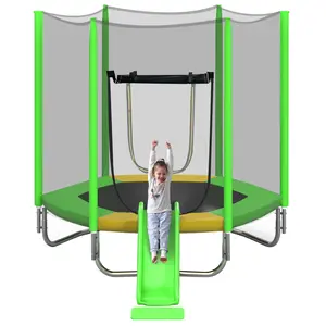 7FT Hexagonal Kids Trampoline with Slide, Ladder & Safety Enclosure Net, 220LBS Capacity, UV-Resistant Net, U-Shape Steel Frame, Indoor Outdoor Backyard Toddler Jumping Toy for Children Ages 3+
