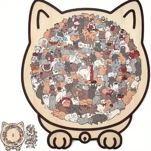 135-Piece Cat-Shaped Wooden Puzzle Game for Adults, Animal Shape Puzzle, Large Size Cabinet Design, Stress Relief Challenge, Includes Acrylic Protector & Wood Stand