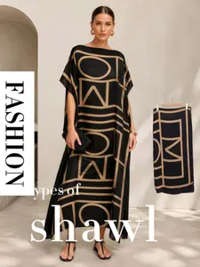 2-Piece Set, Robe, Shawl, Headscarf, Gold Line Geometric Print, Loose Fit, Breathable, Soft Touch, Complete Solution