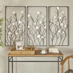 Set of 3 Floral Black Metal Home Wall Decor with Cream Capiz Shells