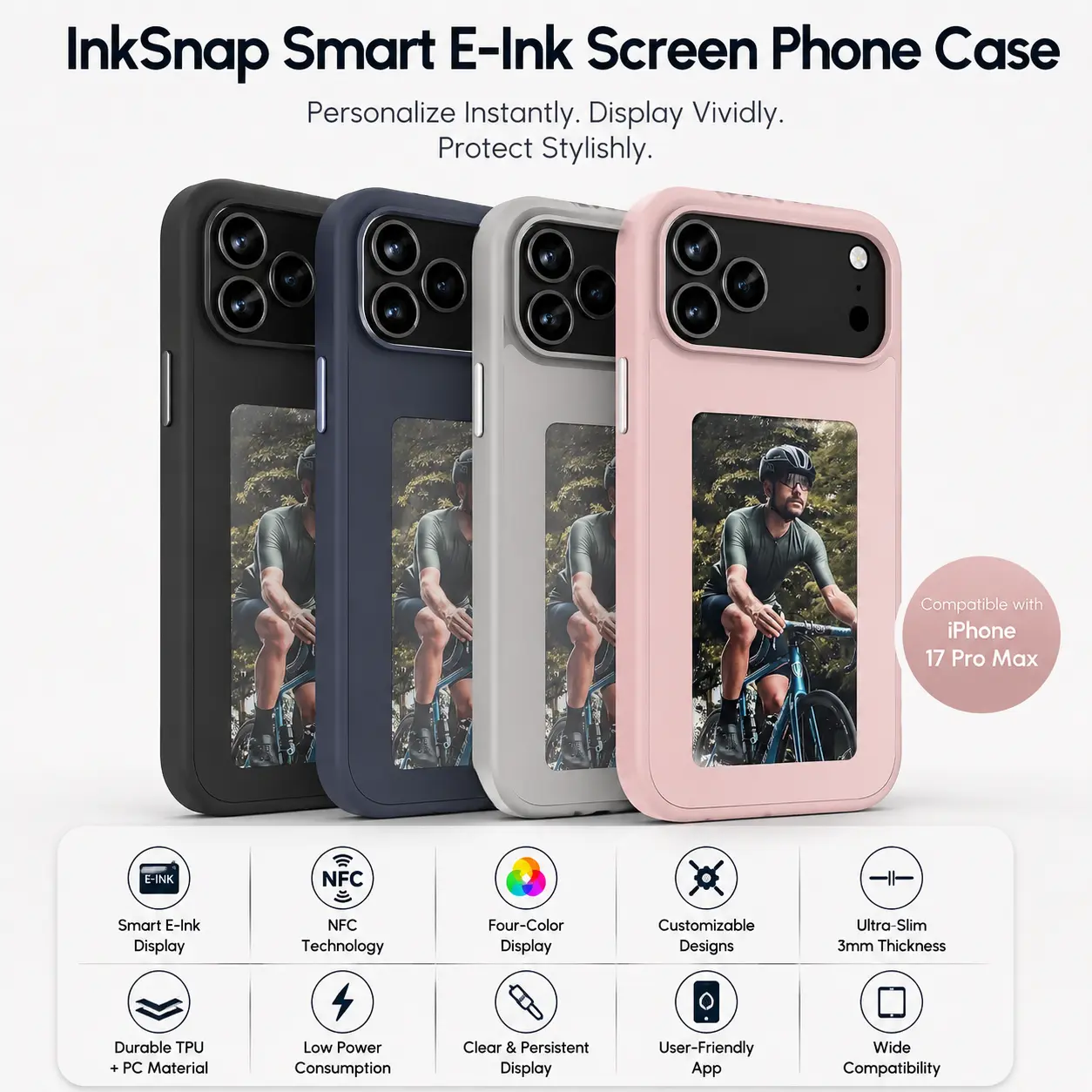 Quriov Inksnap Smart Ink Screen Phone Case for iPhone 13/14/15/16 Pro/Pro Max, NFC Wireless DIY Image Display, Customizable Electronic Ink Protective Cover, Black Casing Protector