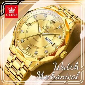OLEVS Men's Automatic Watch, Luxury Business Fashion Stainless Steel Luminous Analog Wristwatch with Gold Dial and Day-Date, Business Fashion Watch, Luminous Analog Watch