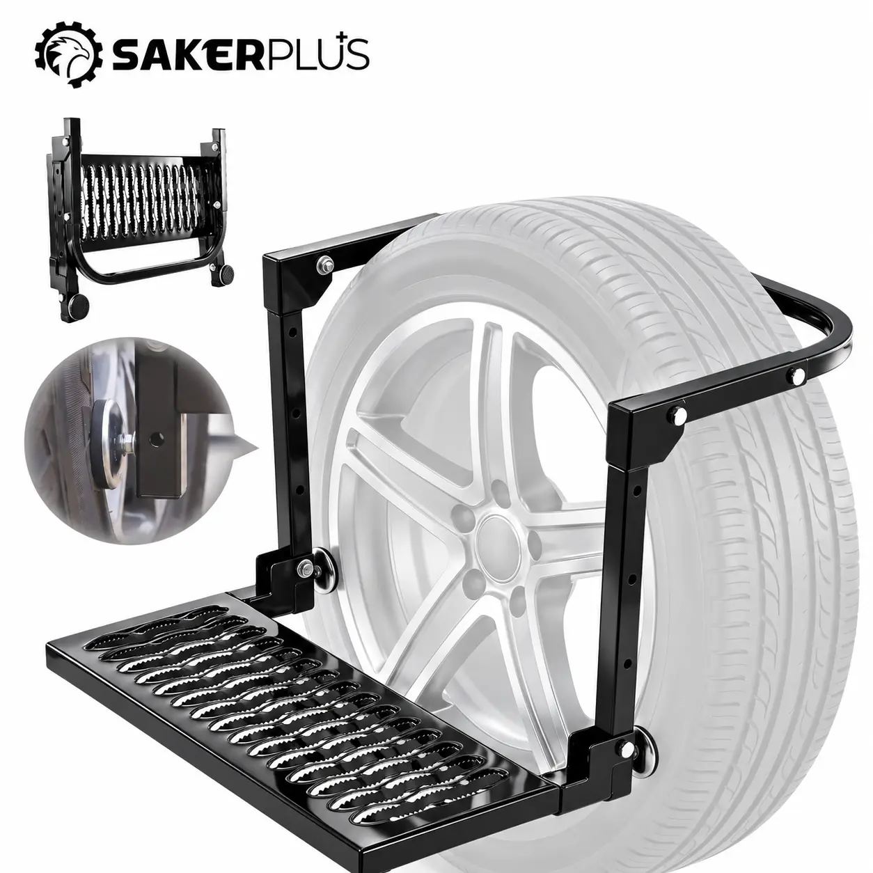 Sakerplus Heavy Duty Foldable Tire Step, 350 LBS Capacity Adjustable Wheel Step for Trucks, SUVs & RVs, Non-Slip Tire Mounted Step for Roof Rack Access, Car Washing & Gear Loading