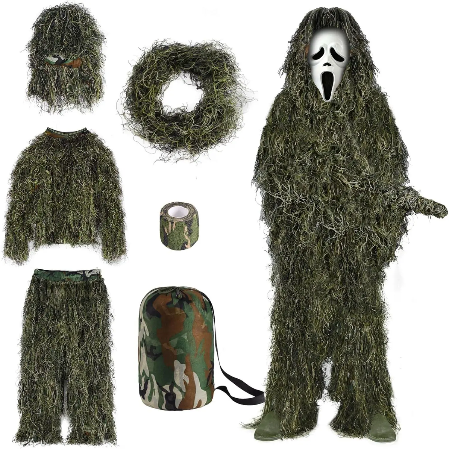 6 in 1 Ghillie Suit, 3D Camouflage Apparel, Halloween Costume for Unisex Adults/Youth (S/M/L/XL/XXL), Without Masks