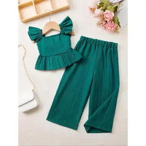 Two-Piece Set Toddler Girl's Solid Ruffle Trim Top & Wide Leg Pants Set, Casual Elegant Square Neck Top & Trousers for Daily Outdoor Wear, Kids Clothes for Summer, Fashion Style Sets