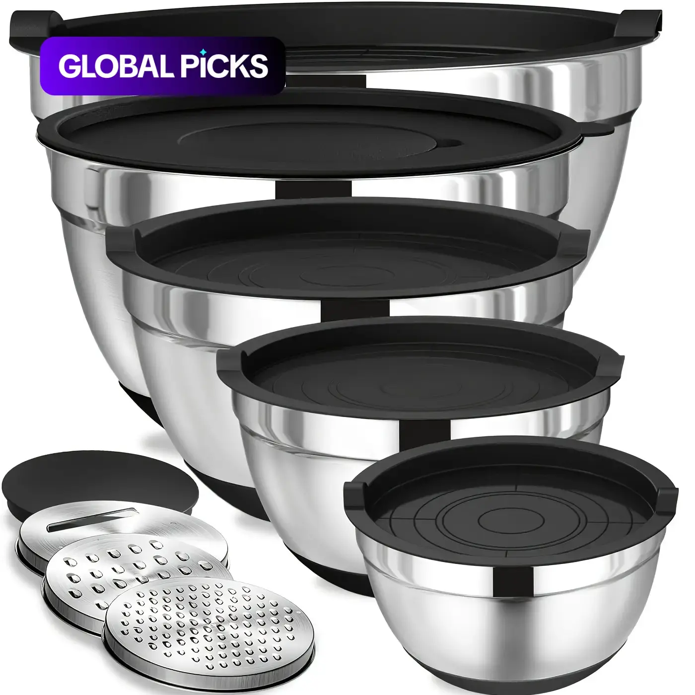 Stainless Steel Mixing Bowl Set, Kitchen Bowls, 8-Piece Stackable Nesting Metal Mixing Bowls with 3 Vegetable Slicers for Baking, Serving, and Storage #GLOBAL PICKS