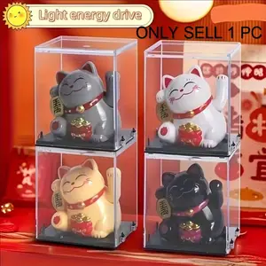 Solar-Powered Mini Lucky Cat Statue, Traditional Chinese Prosperity Decor, Car Dashboard & Desk Ornament, Festive Home Office Decoration, Home Ornaments