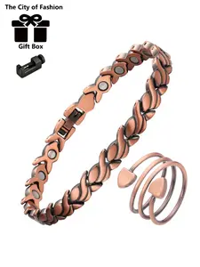 Women's 99.99% Pure Copper Magnetic Bracelet & Ring Set, Adjustable Cuff Bangle, Simple Style Jewelry, Elegant Jewelry Set, Mother's Day Gift Include Size Tool