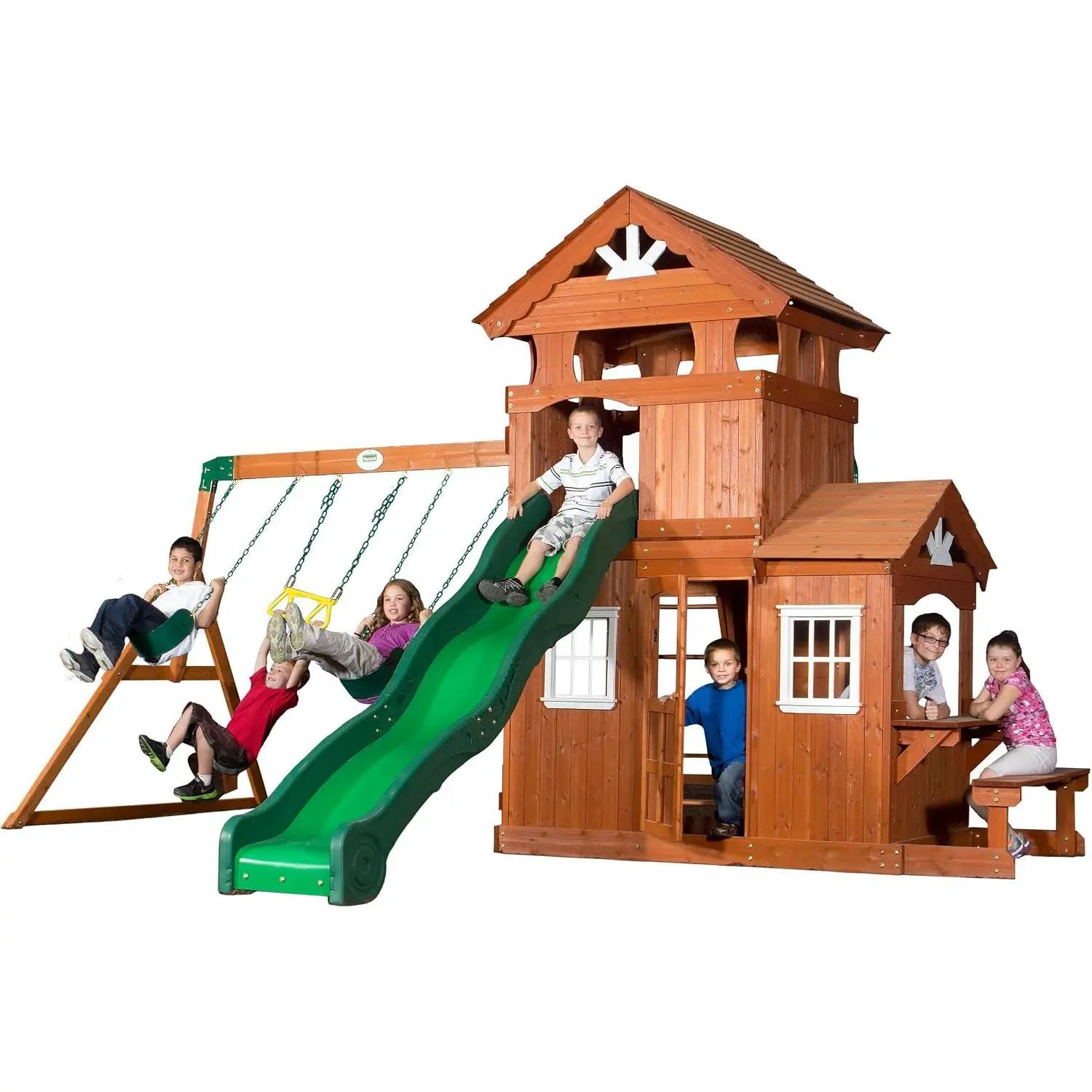 URGEWBackyard Discovery Shenandoah Cedar Wood Swing Set with Wave Slide, Raised Clubhouse, Playhouse, Play Kitchen, Belt Swings, Trapeze, Rock Wall, Ladder, Picnic Table, Full Door, Outdoor Playset