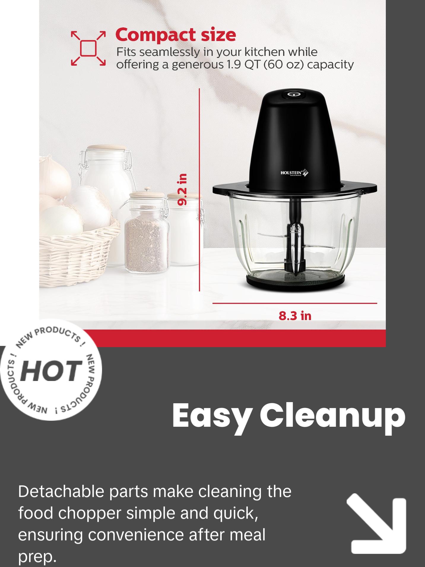 Holstein Housewares 1.9 QT Electric Food Chopper with 250W Power Stainless Steel Blades & One-Touch Speed Control for Easy Meal Prep