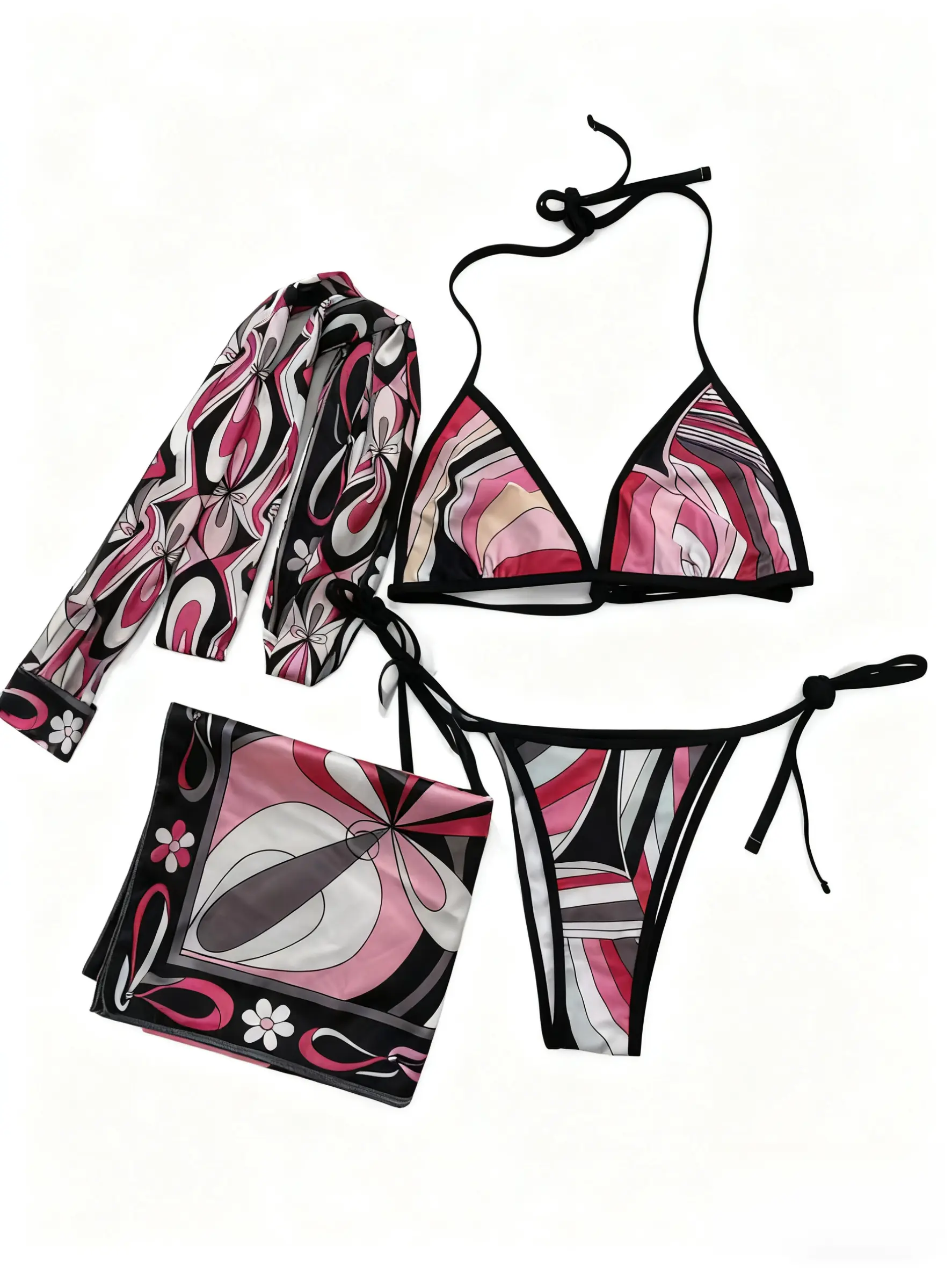 Women's Luxury Floral Silk 3-Piece Bikini Set - XS-XL, Bohemian Bathing Suit with Scarf & Headband, Soft Smooth Adjustable, Cute Push Up Style, Polyester Blend with Padded Cups for Summer Beach, Swimming Pool, Bathing Suits, Swimsuit For Women