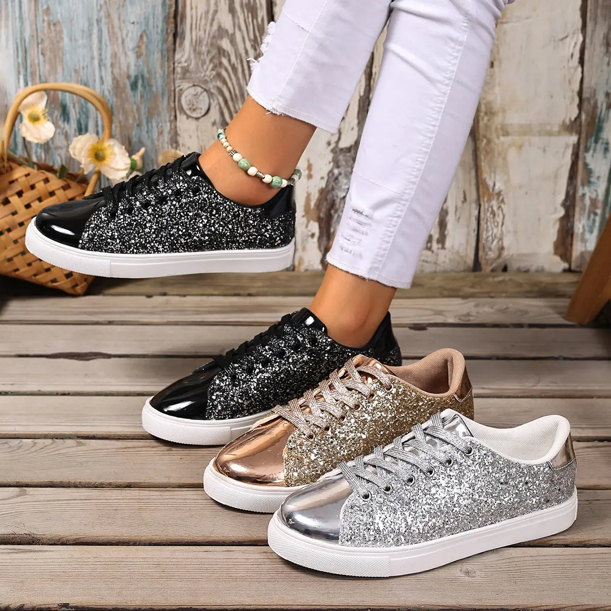 Women's Plus Size Casual Trainers, Round Toe, Sequined Front, Lace-Up, Solid Color, Suitable for Casual Wear, Board Shoes