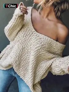 Women's Plain Drop Shoulder V Neck Sweater, Casual Long Sleeve Jumper for Spring & Fall, Fashion Women's Knitwear for Daily Wear