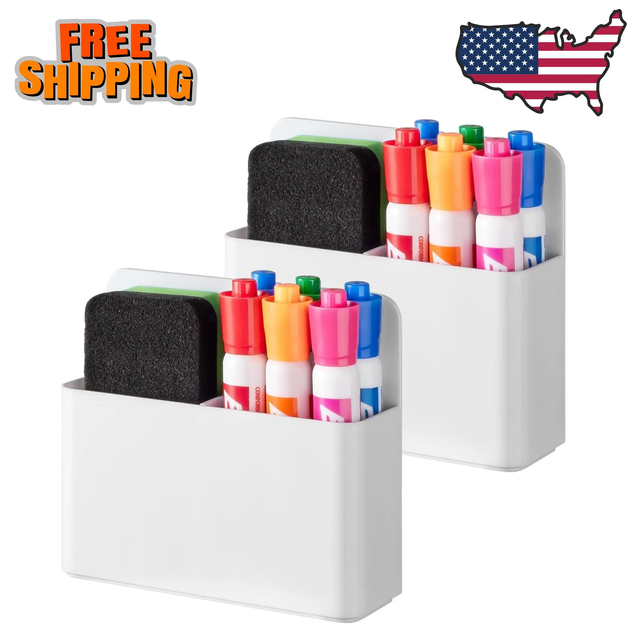 2 Pack Plastic Magnetic Pen Holder for Refrigerator, Dry Erase Marker Holder for Whiteboard White