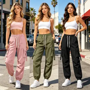 Women's High Waist Cargo Jogger Pants, 3 Colors (Pink/Army Green/Black), Loose Fit Multi-Pocket Streetwear Trousers with Ribbon Detail, Casual Drawstring Elastic Waist Joggers for Y2K Hip Hop, Daily Outdoor Workout & Skateboarding