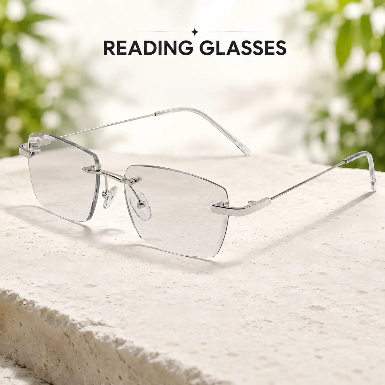 Rimless Rectangular Reading Eyeglasses for Men & Women, Photochromic Blue Light Glasses with Copper Frame & Soft Nose Pads