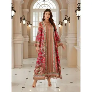 Beaded bohemian-print abaya-style maxi dress, Middle Eastern women’s fashion, elegant party wear, ethnic print GARMENTARY