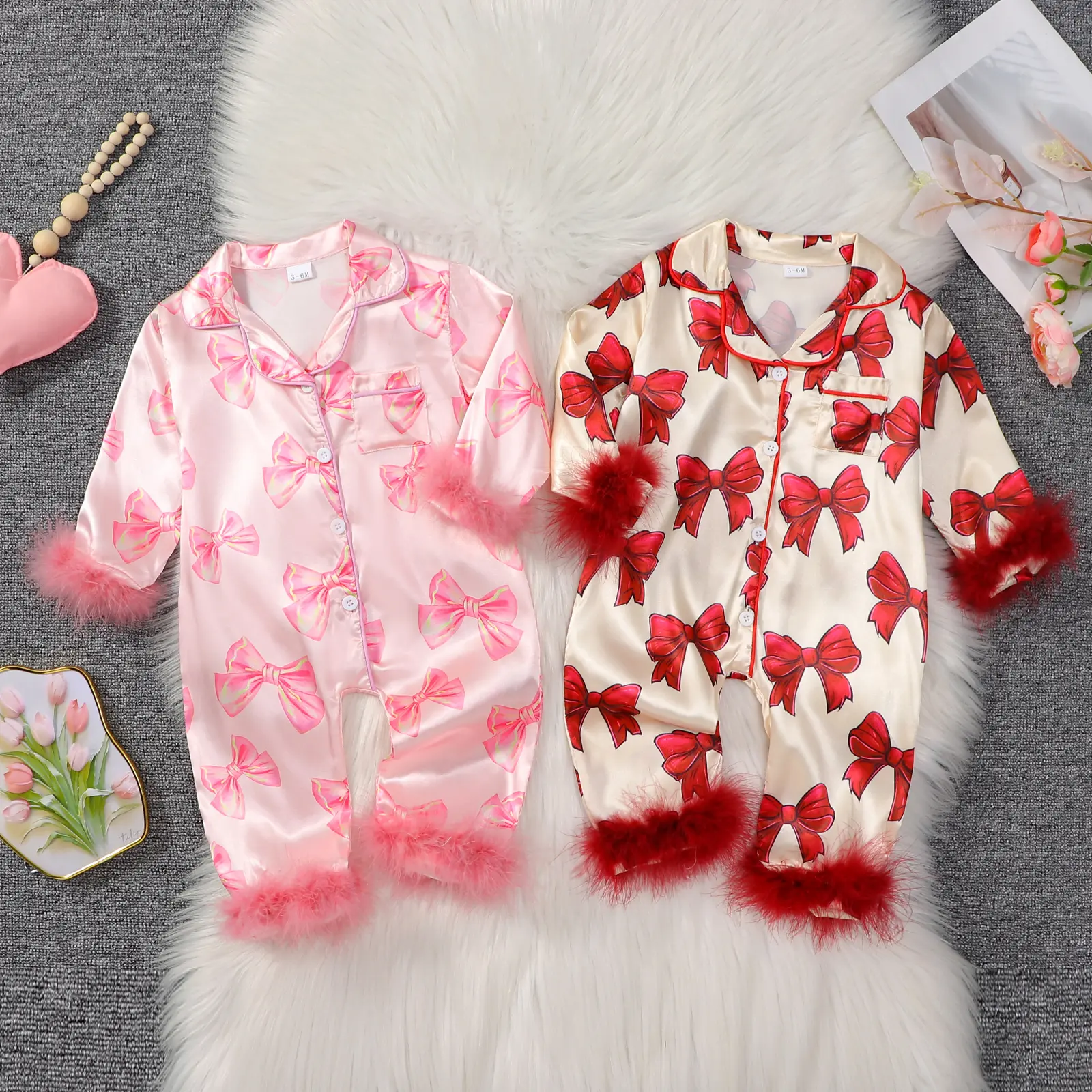 PYBCVRRD Cute Newborn Baby Girl Silk Pajamas - Long Sleeve Polyester Romper Jumpsuit with Bow Print, Button Closure, Valentine's Day Baby Clothing Nightgown, Furry Patch