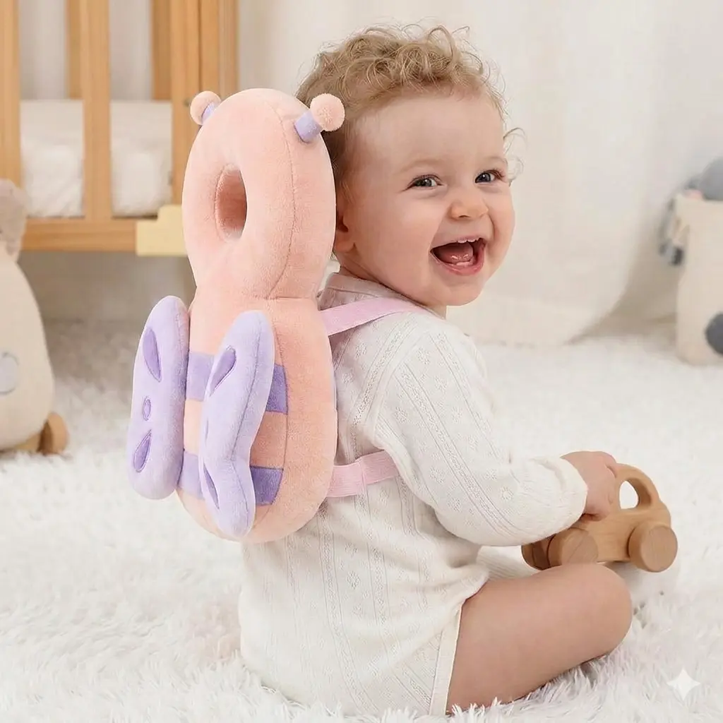 Unisex Baby Head & Back Guard Backpack with Adjustable Safety Harness - Soft Harness Straps, Hypoallergenic Velvet Fabric, Plush Details - Machine Washable, Reduces Head Impact Angle - For 0.5-2 Years Infants Learning to Sit