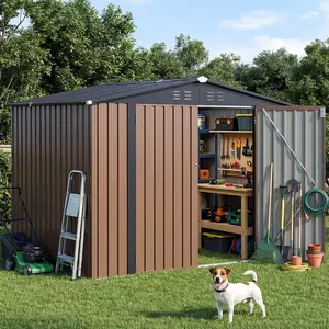 Outdoor Metal Storage Shed with Lockable Door – Gable Roof & Galvanized Steel, Brown