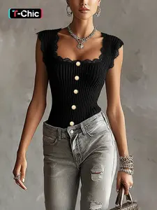 Women's Solid Color Knitted Tank Top with Square Neck, Lace Trim, Simple Ribbed, Fake Button, Slim Fit, Elegant, Chic, Aesthetic, Style and Versatile for Summer Womenswear