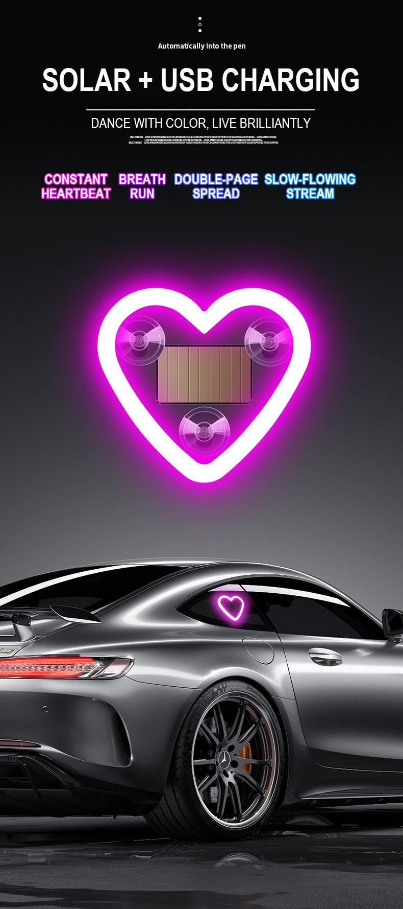 DIYCOM Solar-Powered Heart Neon Light, Multi-Mode Cars Accessory for Car Decorating, Cars Accessories campingessentials travelessentials