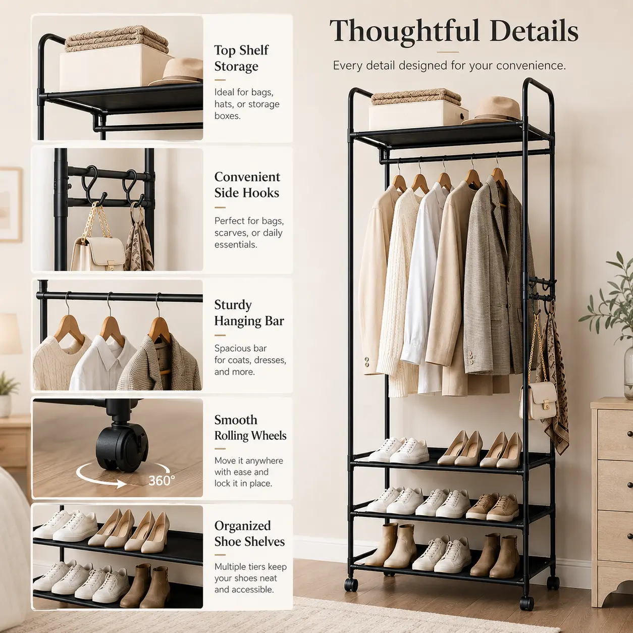 Durable Free-Standing Garment Rack Organiser - Home Organizer with Rolling Wheels, Hangable Clothes Organizer, Smooth-Wheeled Portable Closet, Hanging Rod, Top Shelf, Shoe Storage, Side Hooks, Decor Boxes for Wrinkle-Free Clothes, Bedroom, Entrances, Clea
