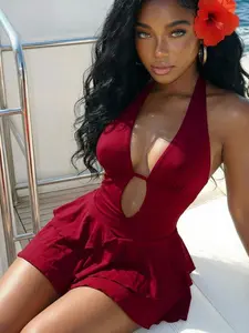Women's Solid Color Pleated Halter Backless Sexy Mini Dress For Dates & Parties Women's Swimsuits Tummy Control Y2k Dresses Wool Two Pieces Worship Dress Wow Dress