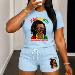 Women's Juneteenth Festive Atmosphere Graphic Short Sleeve T-Shirt And Shorts Set, Casual Summer Two-Piece Outfit With Crew Neck Top And Drawstring Waist Shorts For Daily Wear