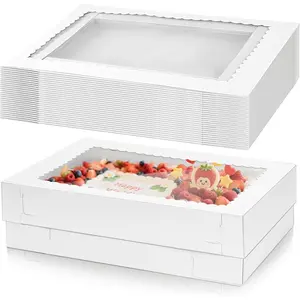 20 count 14x10x4 Inch Cake Boxes, White Rectangle Quarter Sheet Bakery Boxes with Window, Large Paperboard Container for Donuts Cookies Baking Cake Pastry Pie Packaging