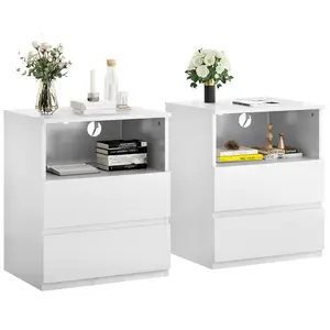 Nightstand End Table Set of 2, Bedside Table with Fast USB C Charging Station, Sofa Side Table with 2 Drawers, Large Storage Modern Wood Storage Cabinet for Living Room,Bedroom,Office, White